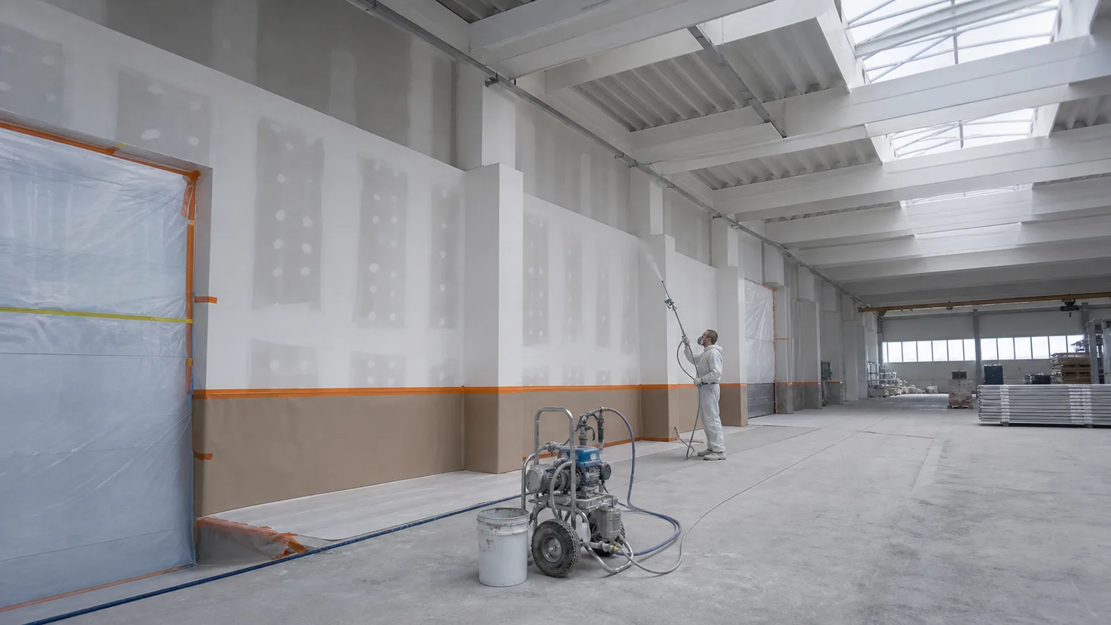 Toepassingsbeeld van airless spuitwerk in een grote bedrijfshal