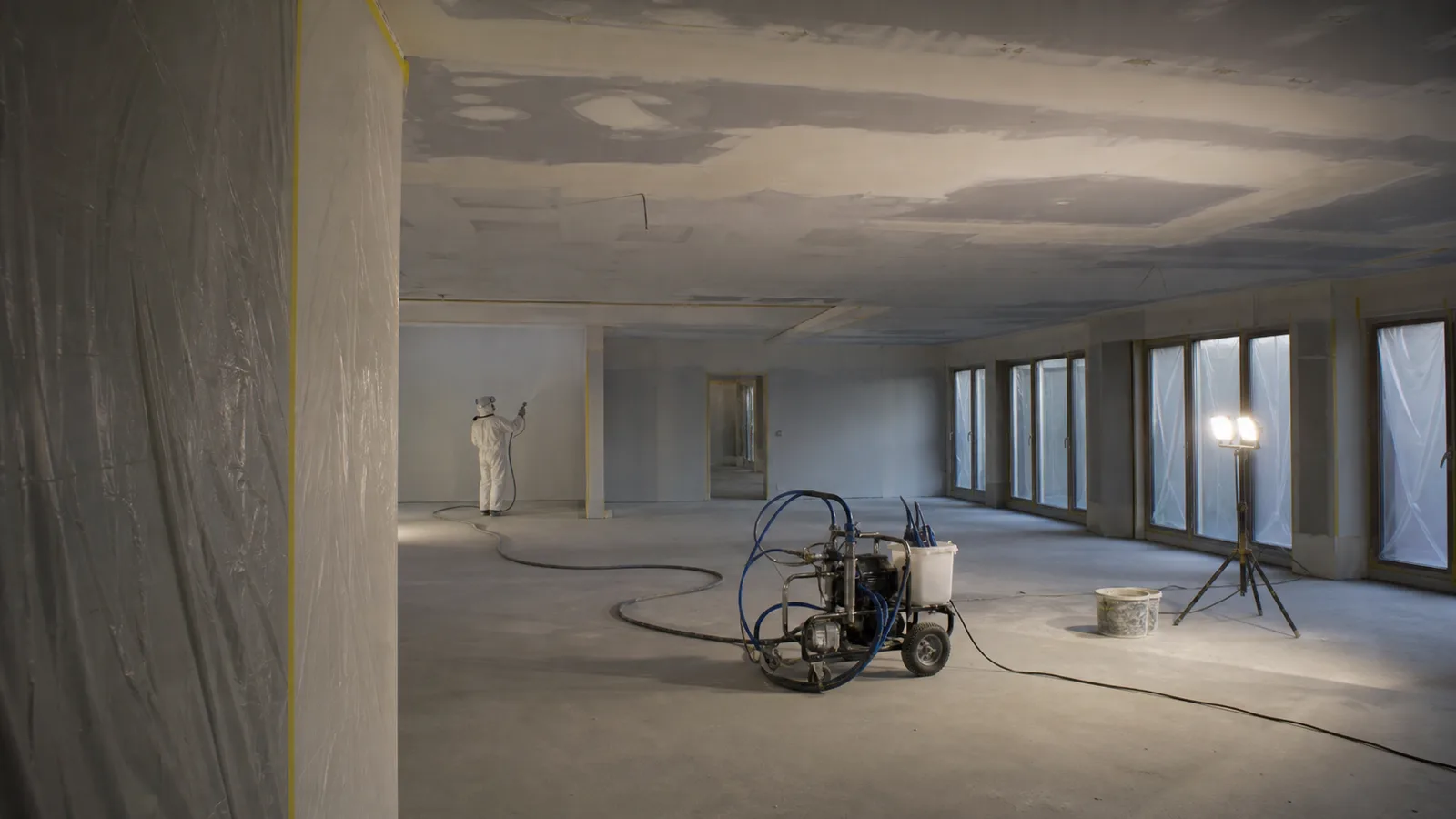 Grote binnenruimte tijdens voorbereiding van professioneel stucwerk