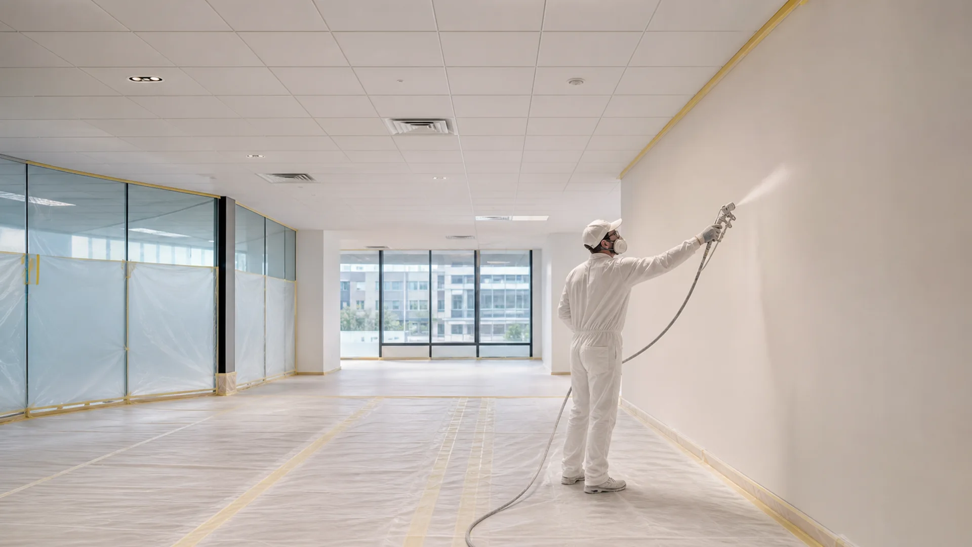 Professioneel spuitwerk in een grote zakelijke binnenruimte