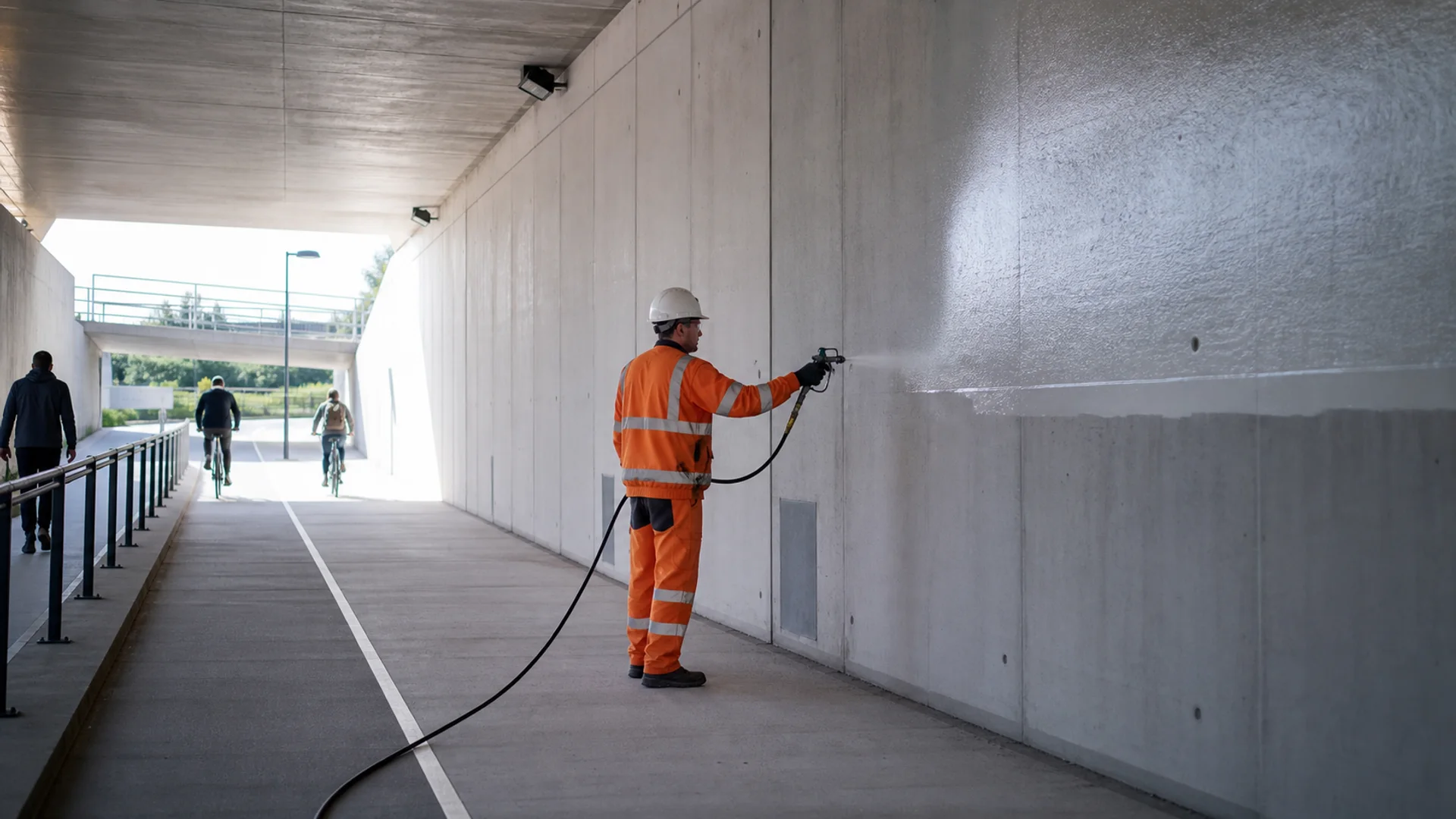 Beschermende betoncoating op een groot zakelijk betonoppervlak